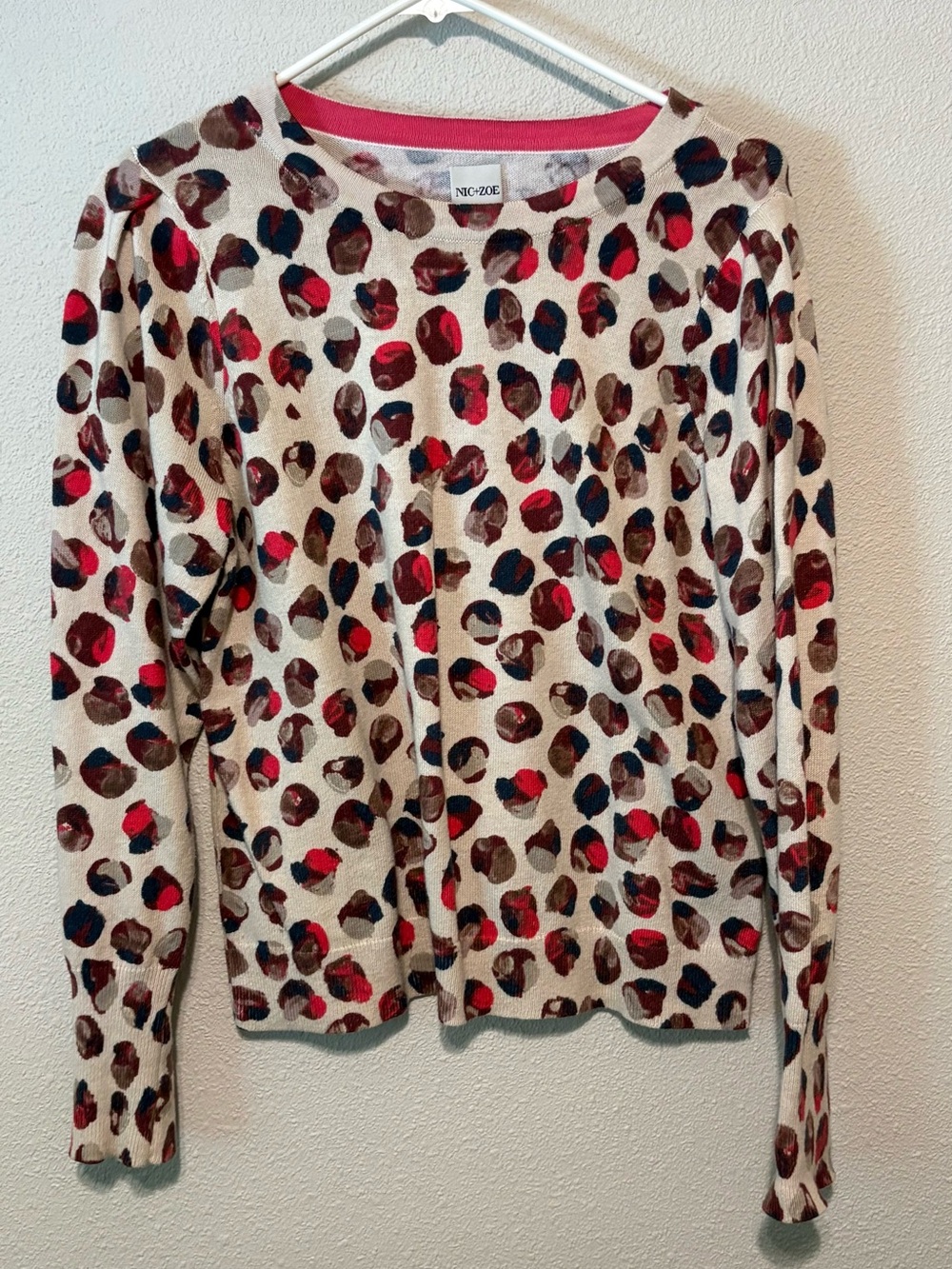 NIC+ZOE Cream Leopard-Spot Crewneck Sweater with Red, Navy & Brown Accents